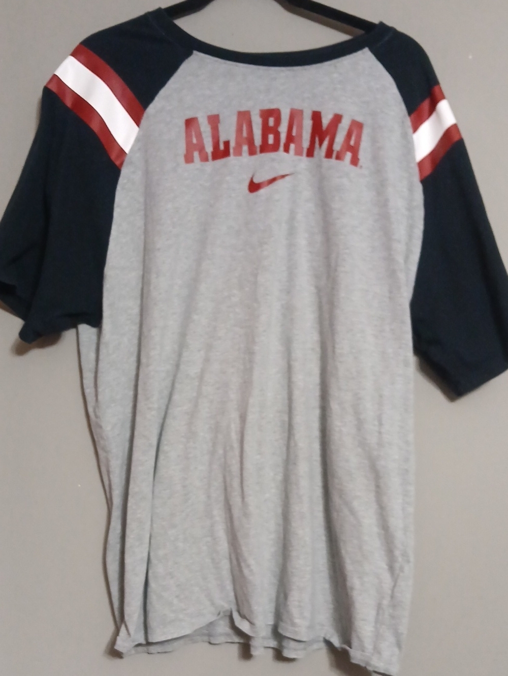 Nike Gray Tee with Navy Raglan Sleeves and Red Alabama Logo